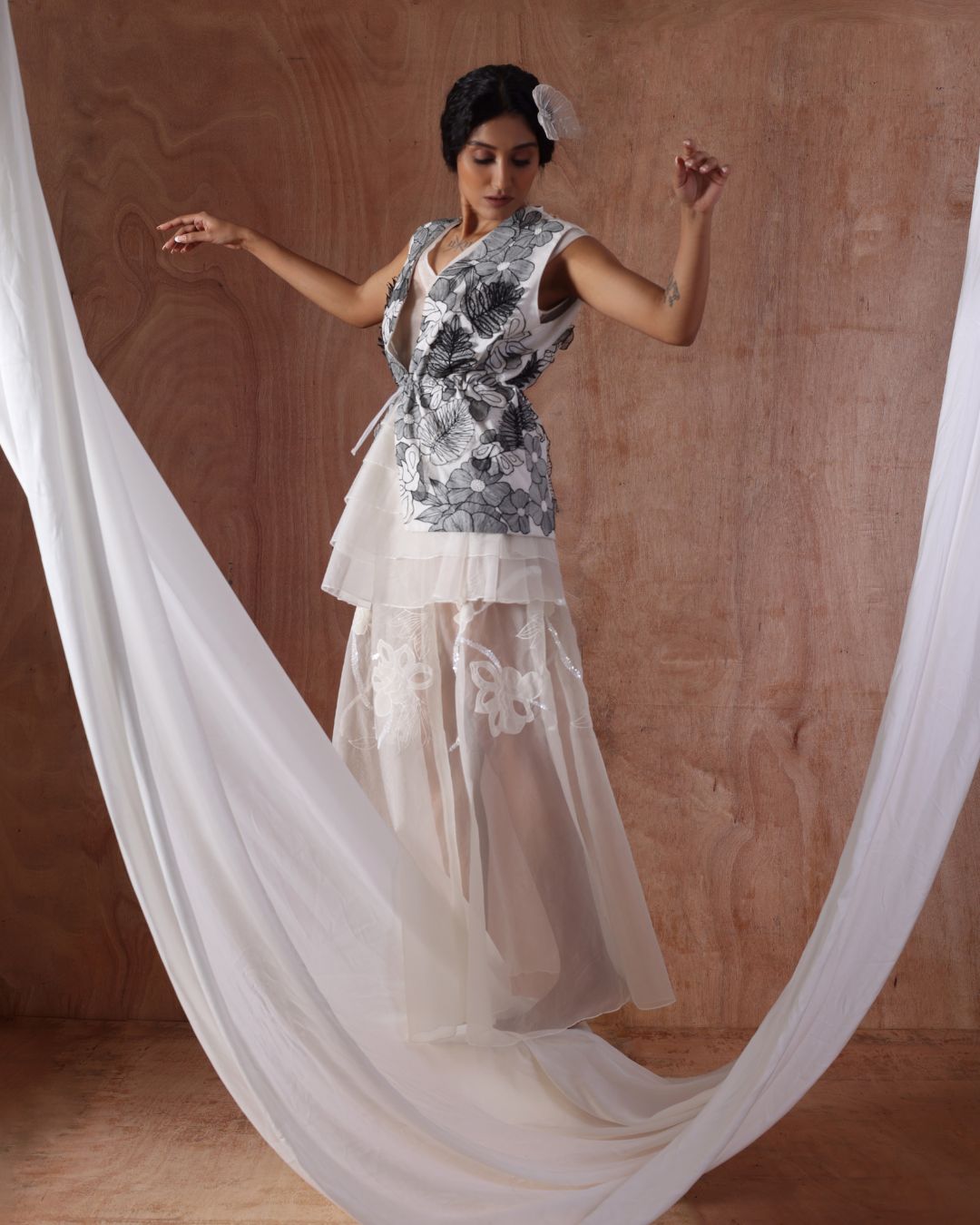 Bloom Petal Jacket, Bloom Sequins Skirt with Sheer Cascade Top