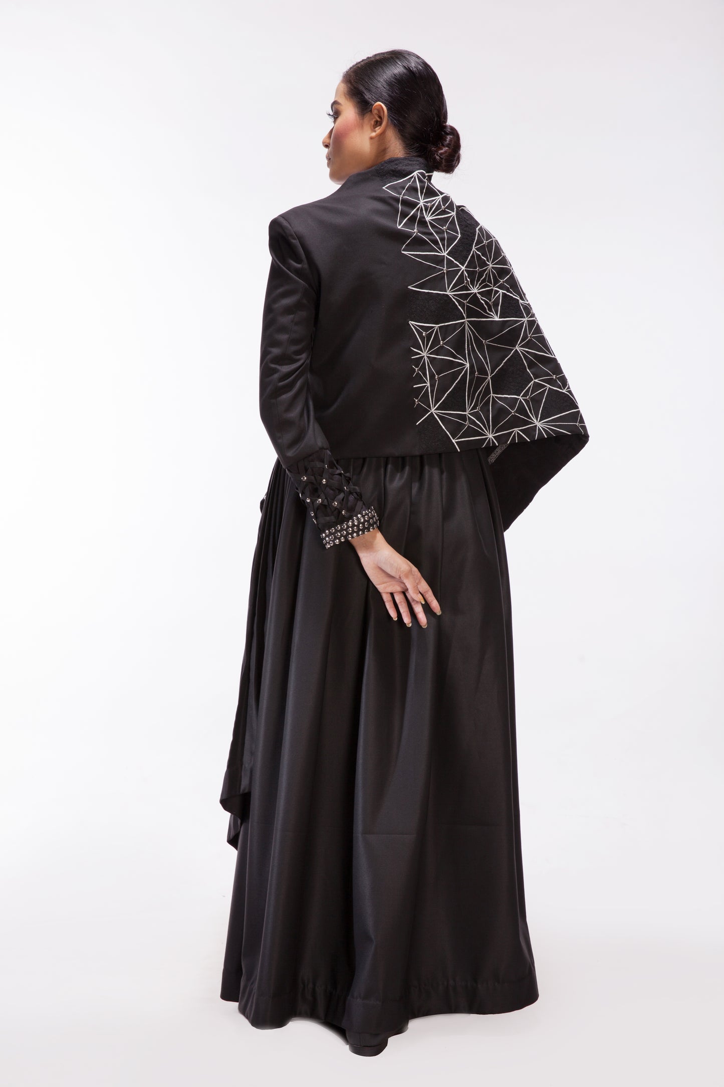 Structured Asymmetrical Embroidered Shawl Panel Jacket