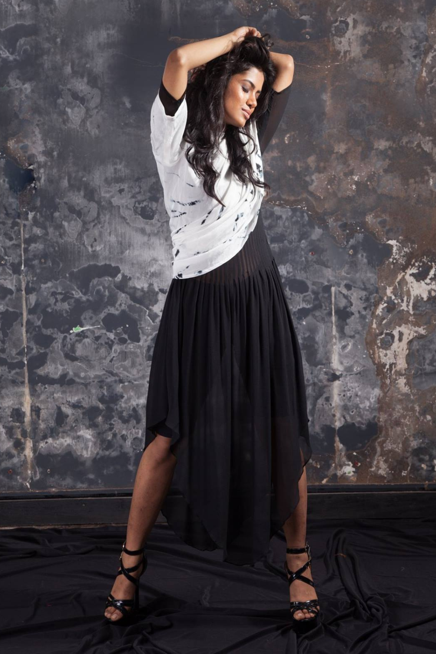 Pintucked Dress With Asymmetric Draped Overlay