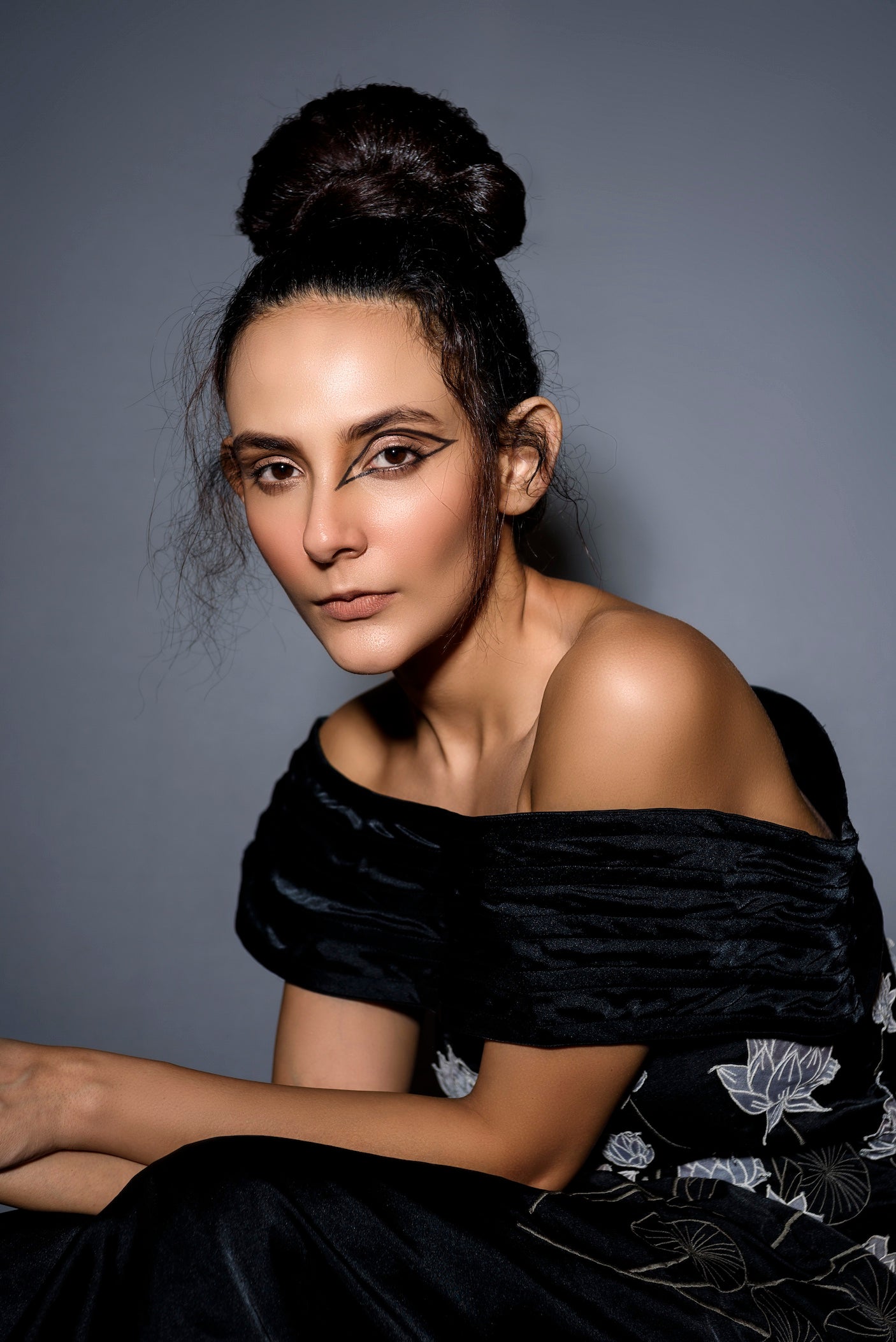 Black Off-Shoulder Gown with 3D Floral Embroidery