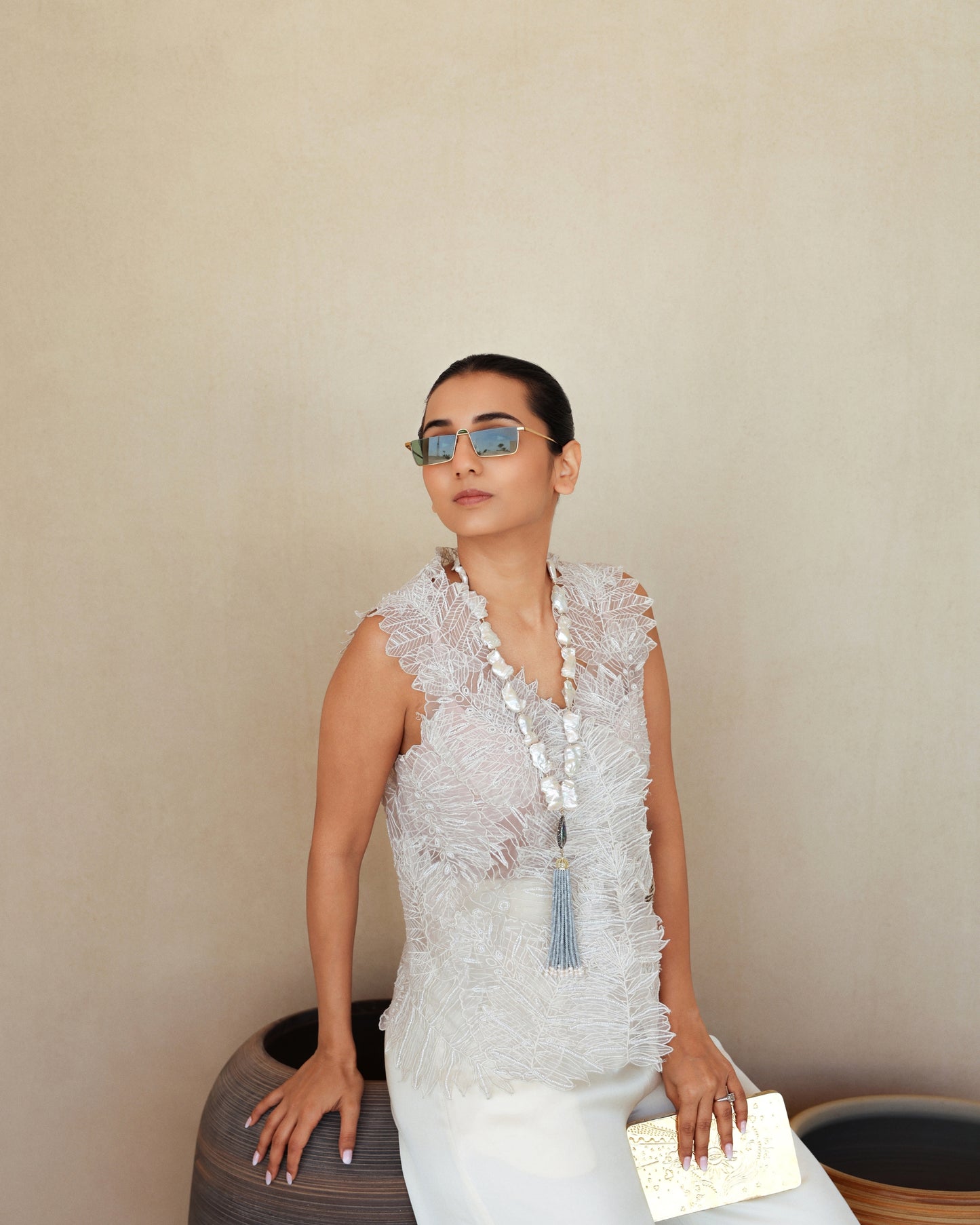 Ivory Overlap Cascade Top with Pants | The Kliitche Classic