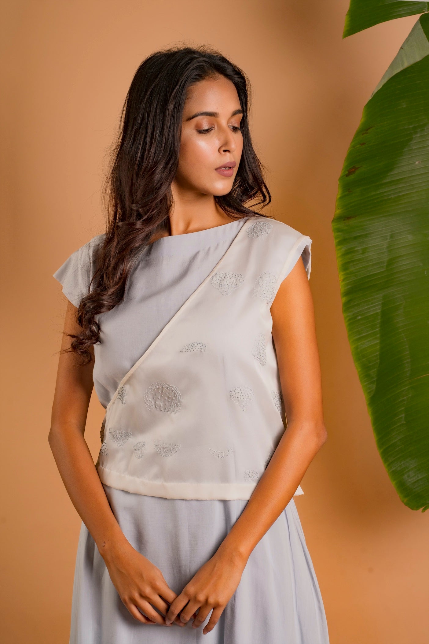 Asymmetric Lotus Embroidered Draped Dress