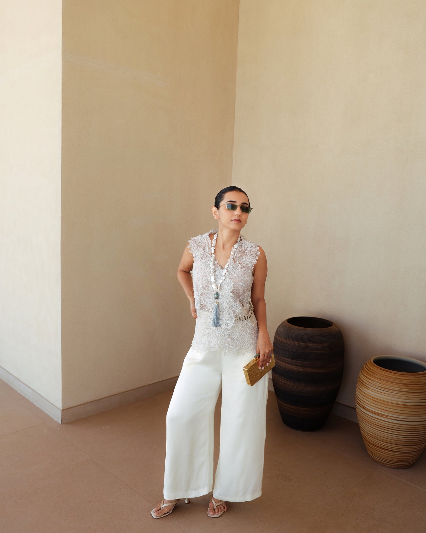 Ivory Overlap Cascade Top with Pants | The Kliitche Classic