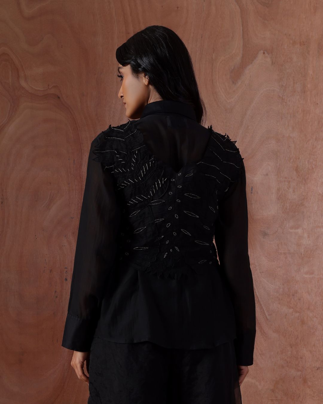 Metallic Streamlined Lustra Set-(Metal Petal Bead Blouse , Streamline Shirt , Lustra Flare Pants)