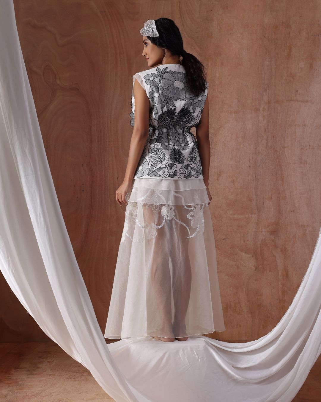 Bloom Petal Jacket, Bloom Sequins Skirt with Sheer Cascade Top