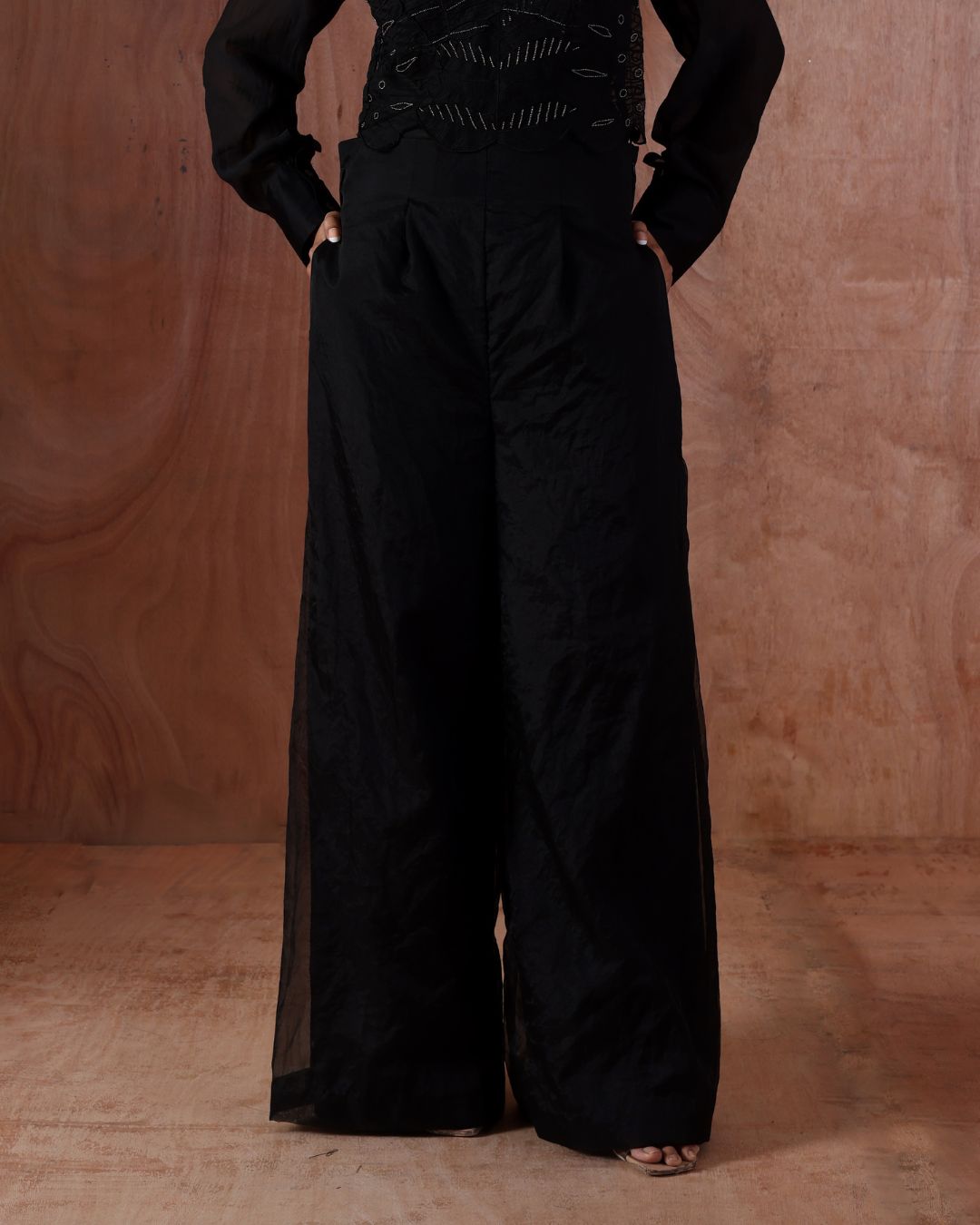 Metallic Streamlined Lustra Set-(Metal Petal Bead Blouse , Streamline Shirt , Lustra Flare Pants)