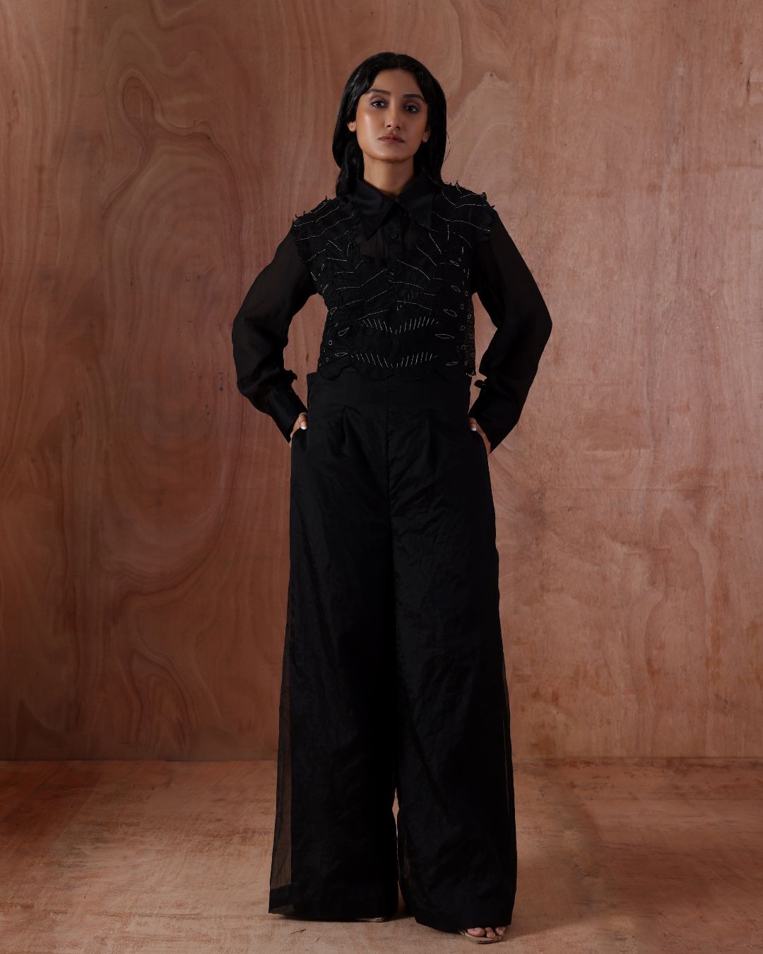 Metallic Streamlined Lustra Set-(Metal Petal Bead Blouse , Streamline Shirt , Lustra Flare Pants)