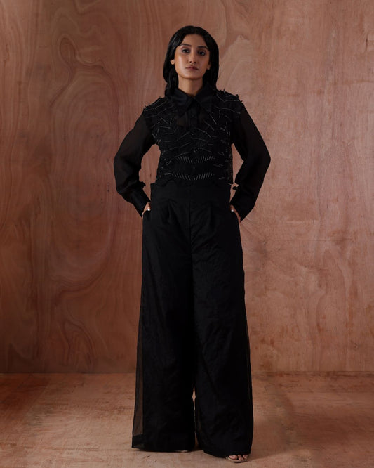 Metallic Streamlined Lustra Set-(Metal Petal Bead Blouse , Streamline Shirt , Lustra Flare Pants)