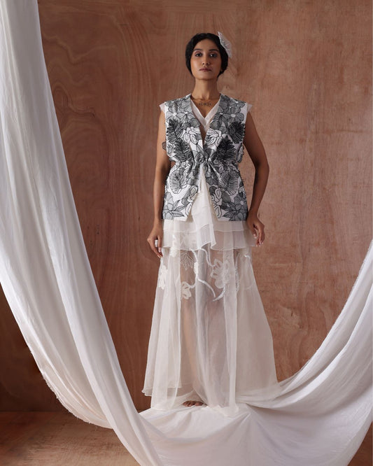 Bloom Petal Jacket, Bloom Sequins Skirt with Sheer Cascade Top