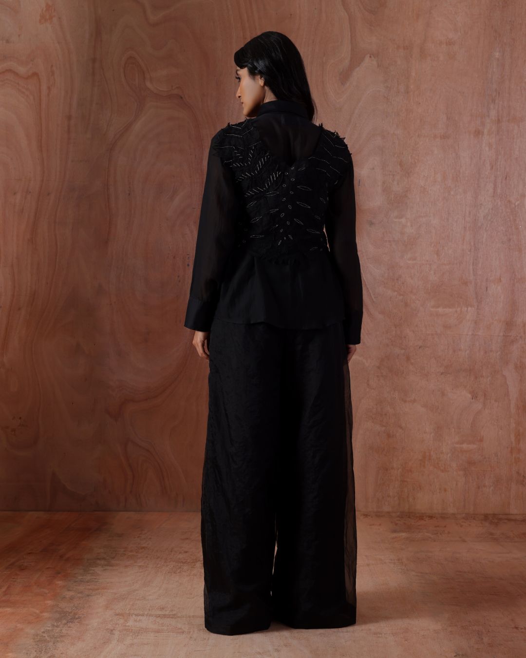 Metallic Streamlined Lustra Set-(Metal Petal Bead Blouse , Streamline Shirt , Lustra Flare Pants)