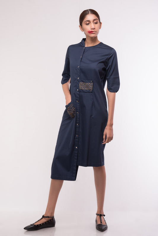 Midnight Riveted Asymmetrical Shirt Dress