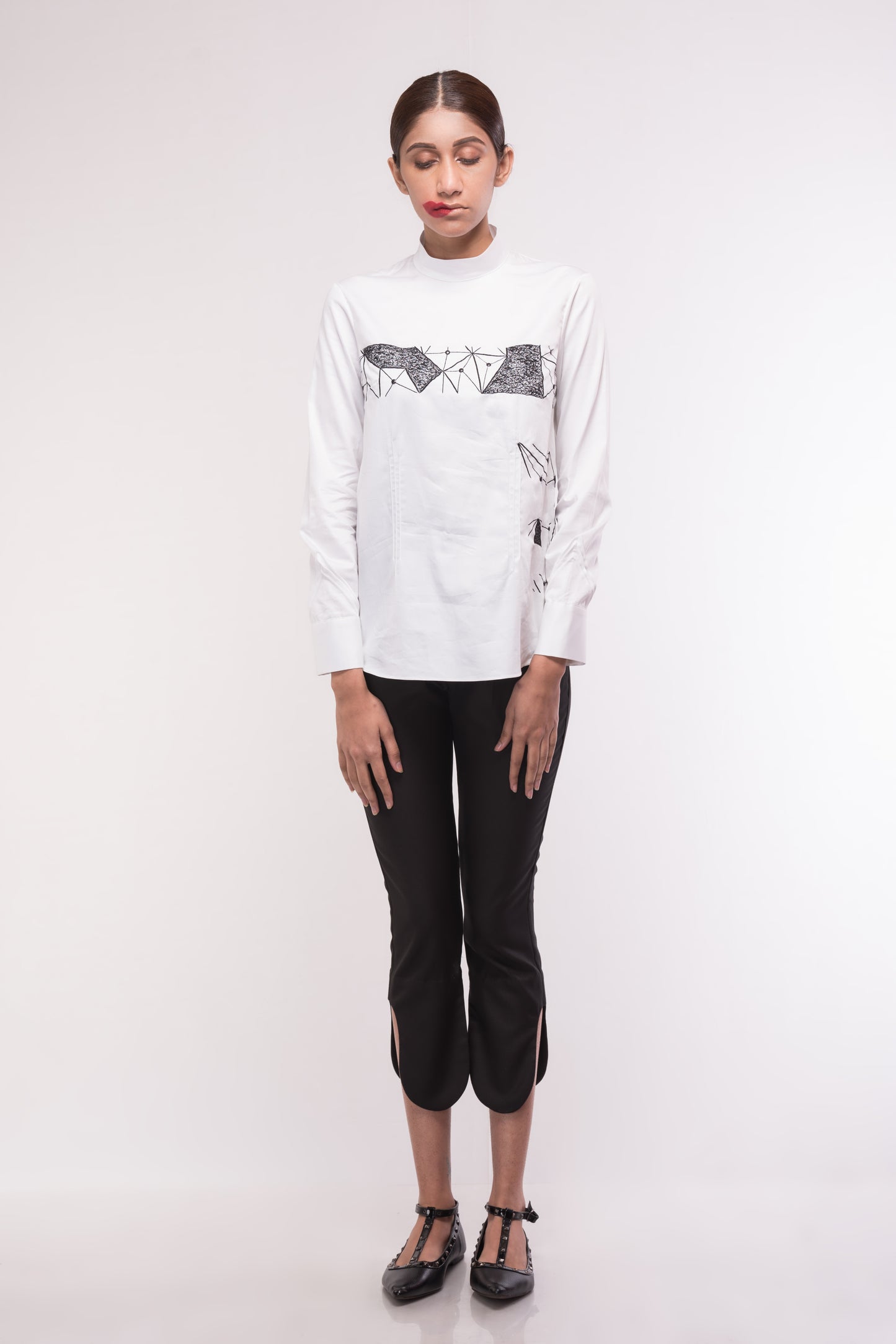 Monochrome Grid Embroidered Top