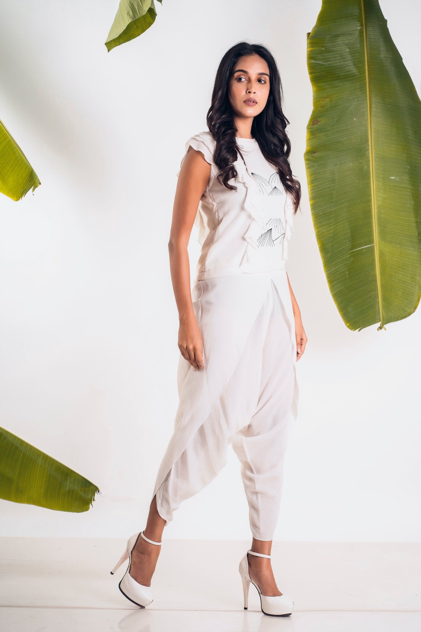 Contemporary White Ruffled Top And Draped Pant Set