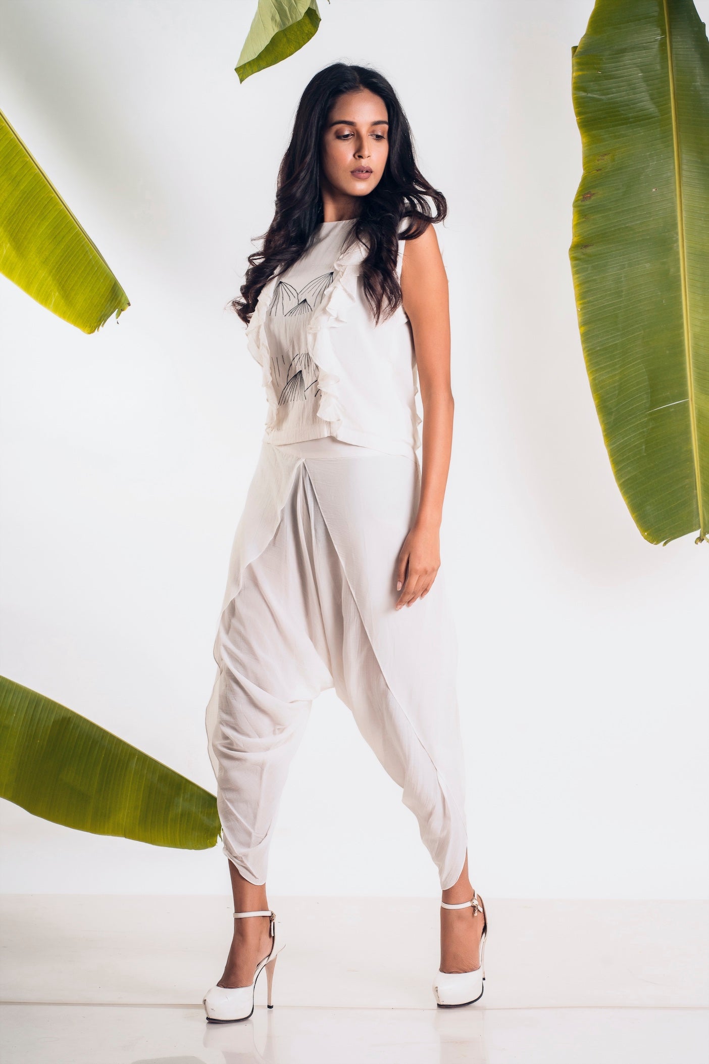 Contemporary White Ruffled Top And Draped Pant Set