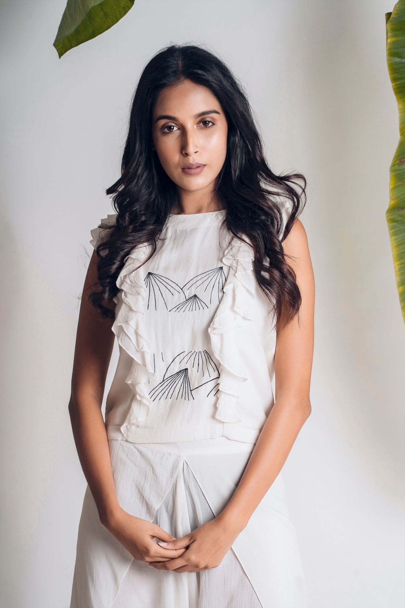 Contemporary White Ruffled Top And Draped Pant Set