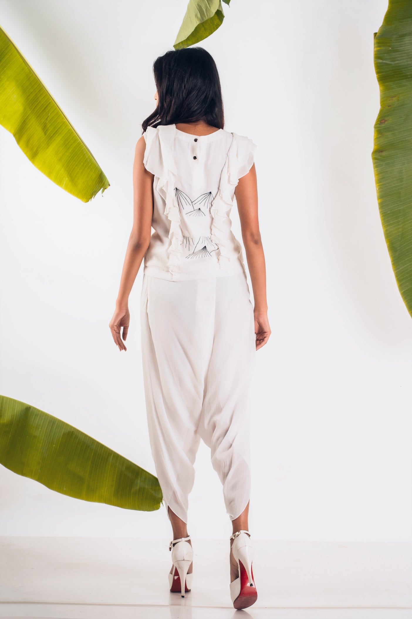 Contemporary White Ruffled Top And Draped Pant Set