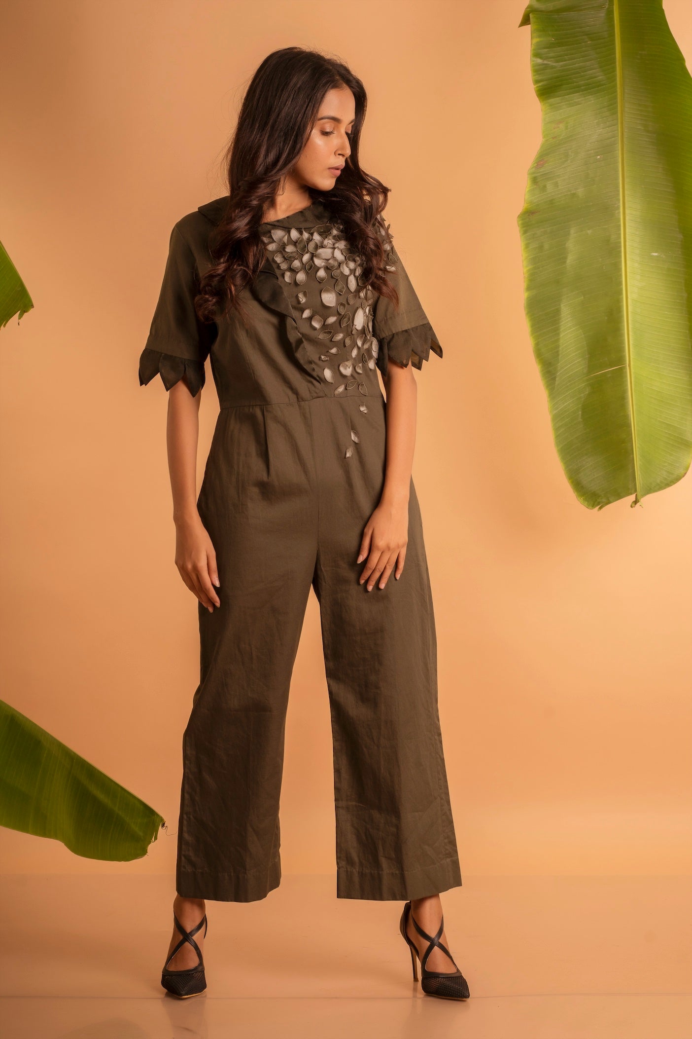 Olive Petal-Embellished Jumpsuit