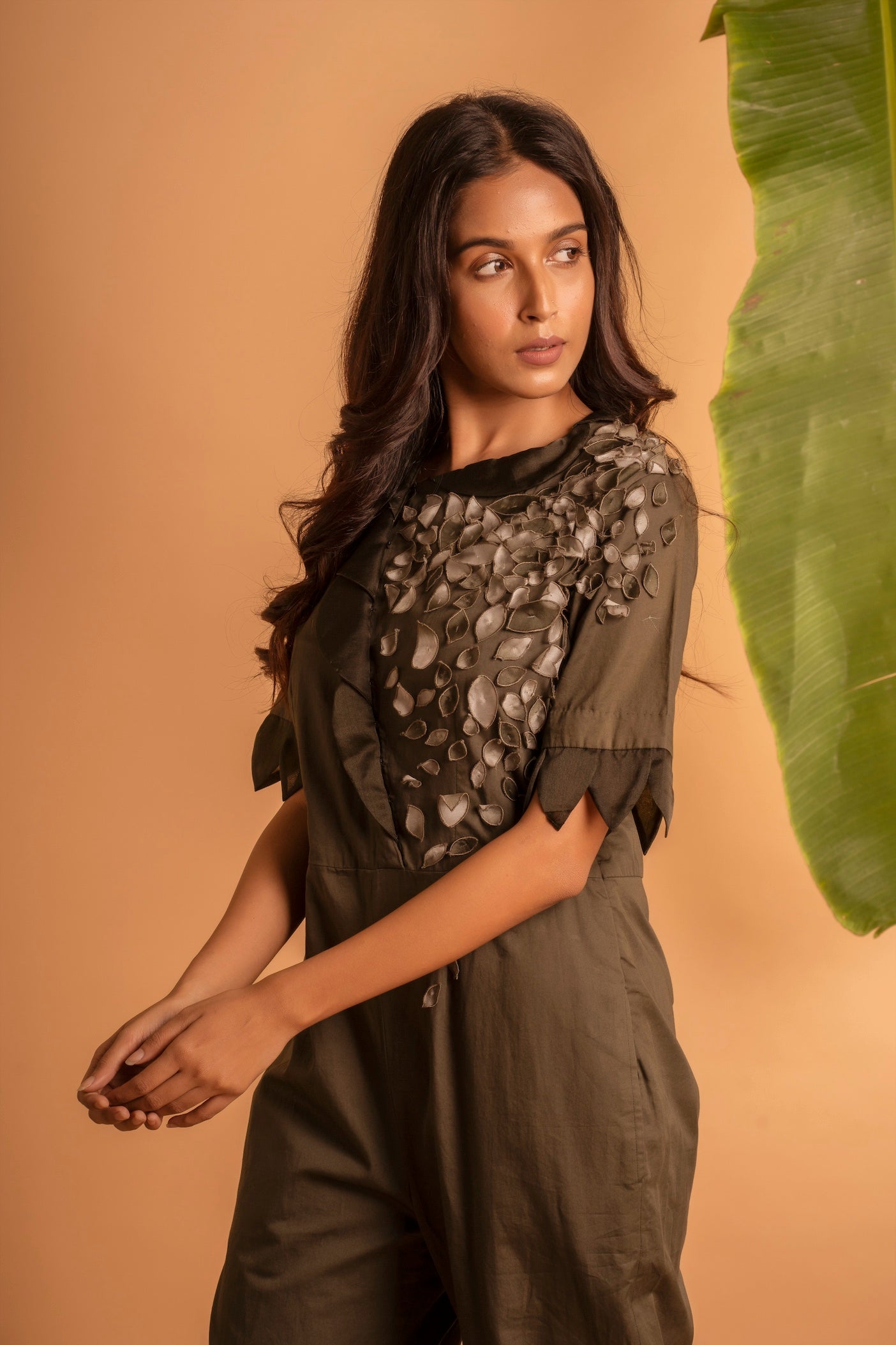 Olive Petal-Embellished Jumpsuit