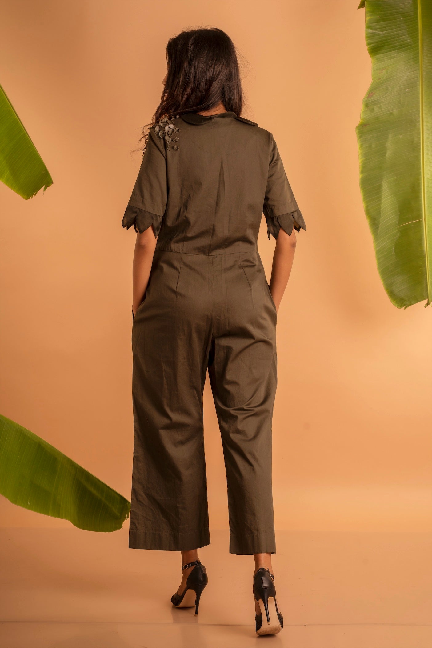 Olive Petal-Embellished Jumpsuit