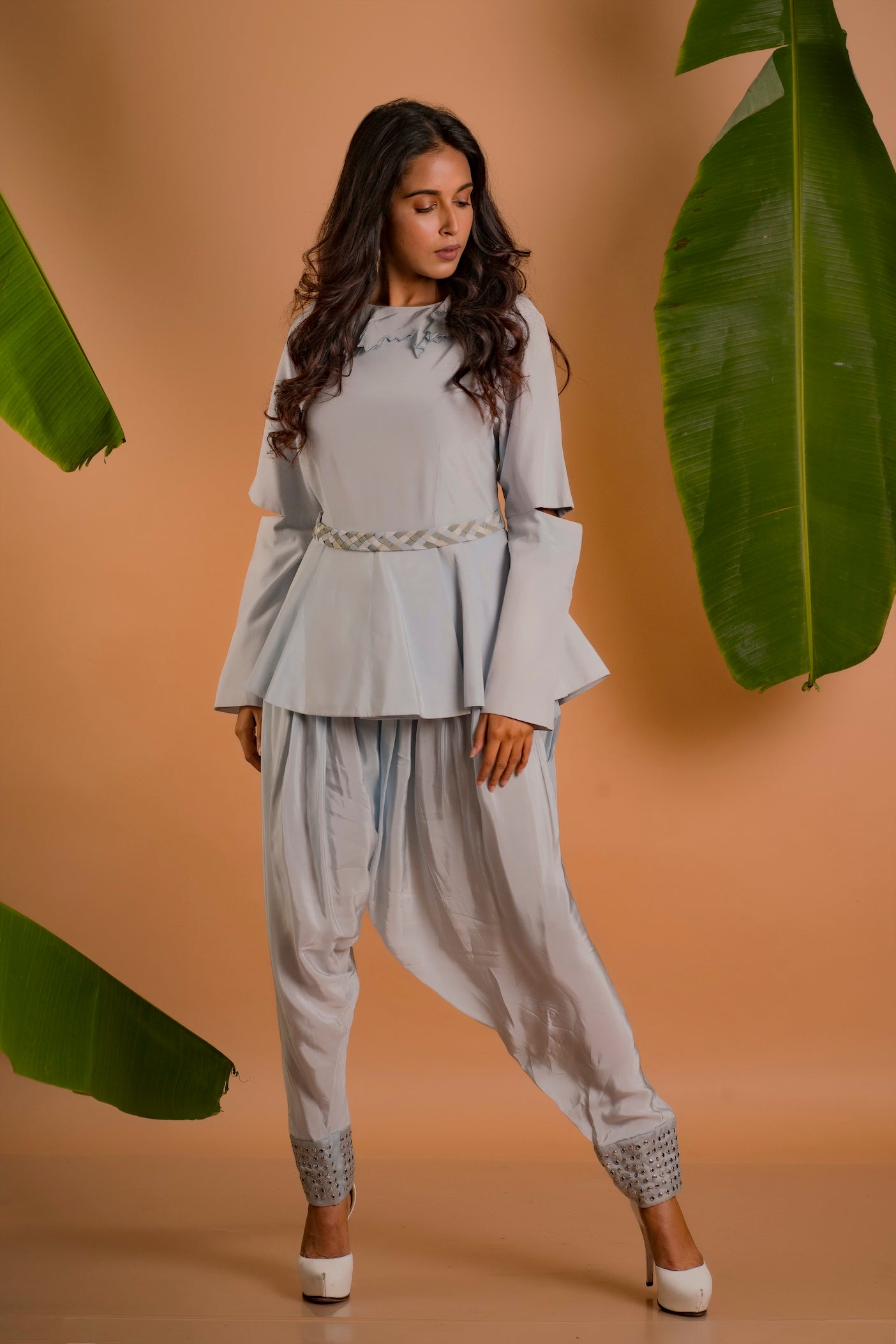 Muted Blue Coord Set with Embellished Cuff Detail