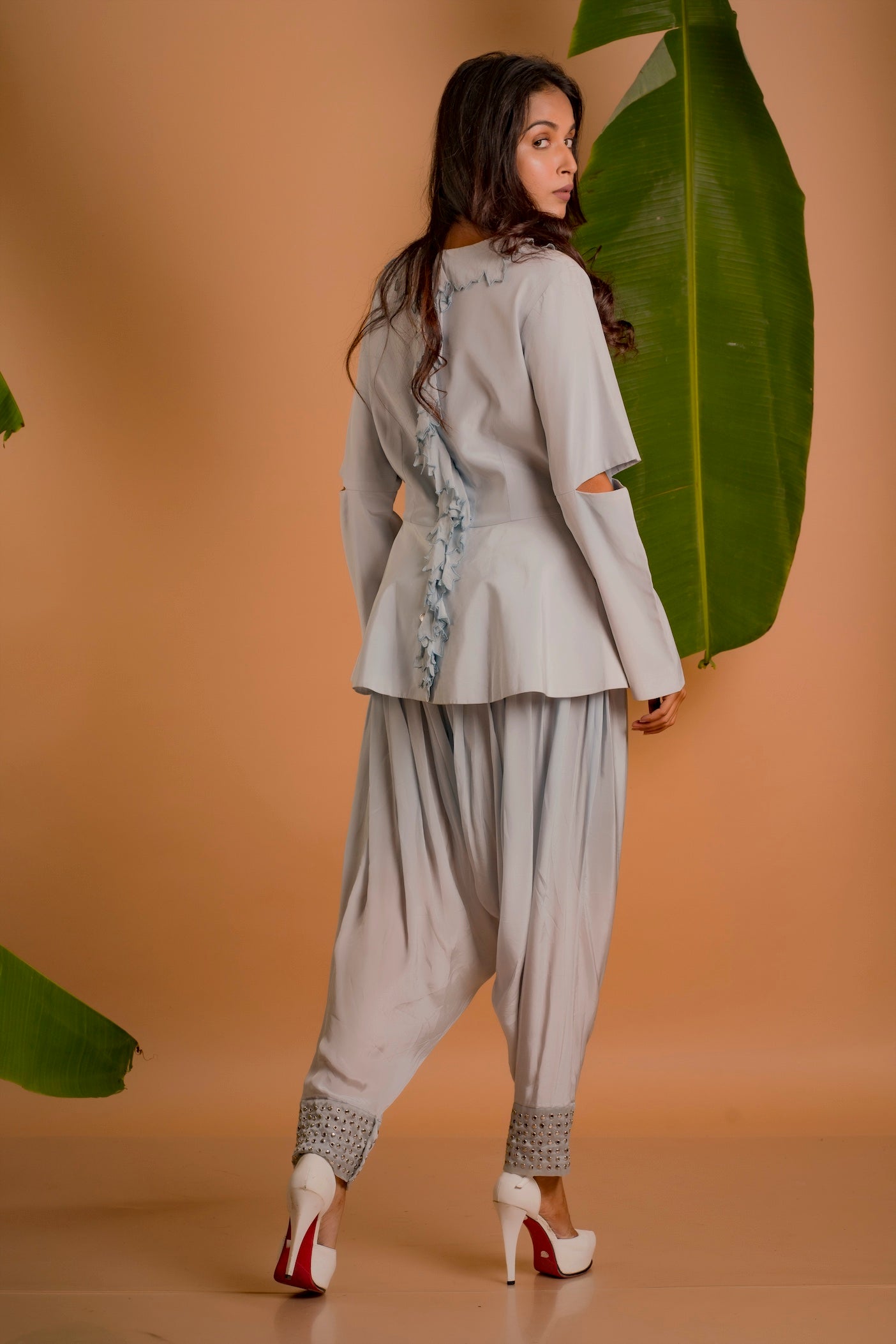 Muted Blue Coord Set with Embellished Cuff Detail