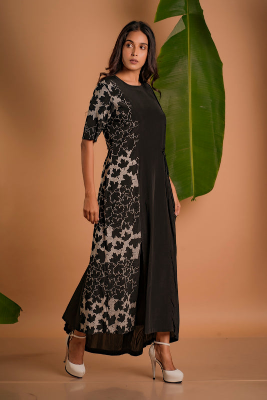 Charcoal Black Embroidered Draped Dress