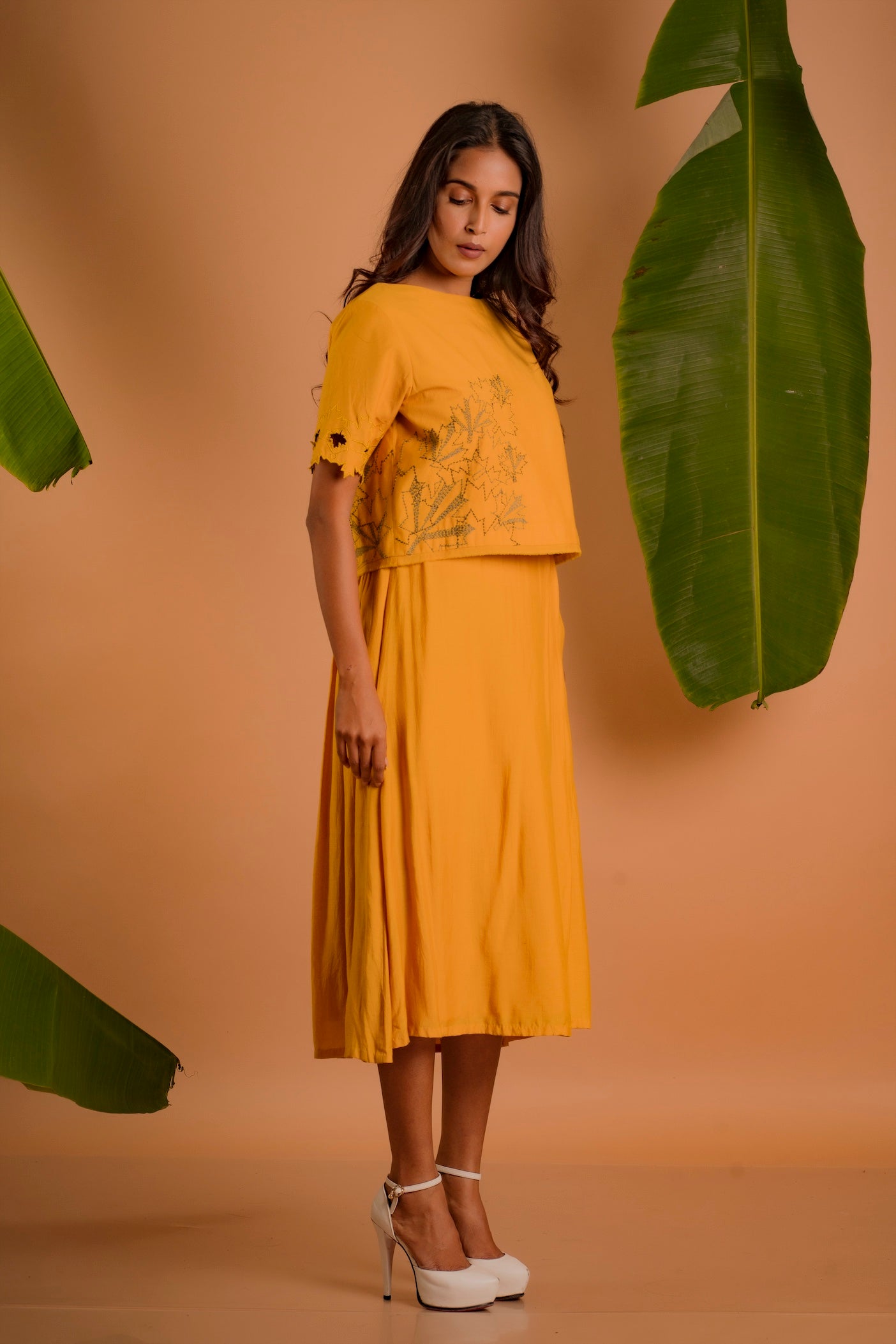 Mustard Midi Dress With Embellished Crop Top Overlay