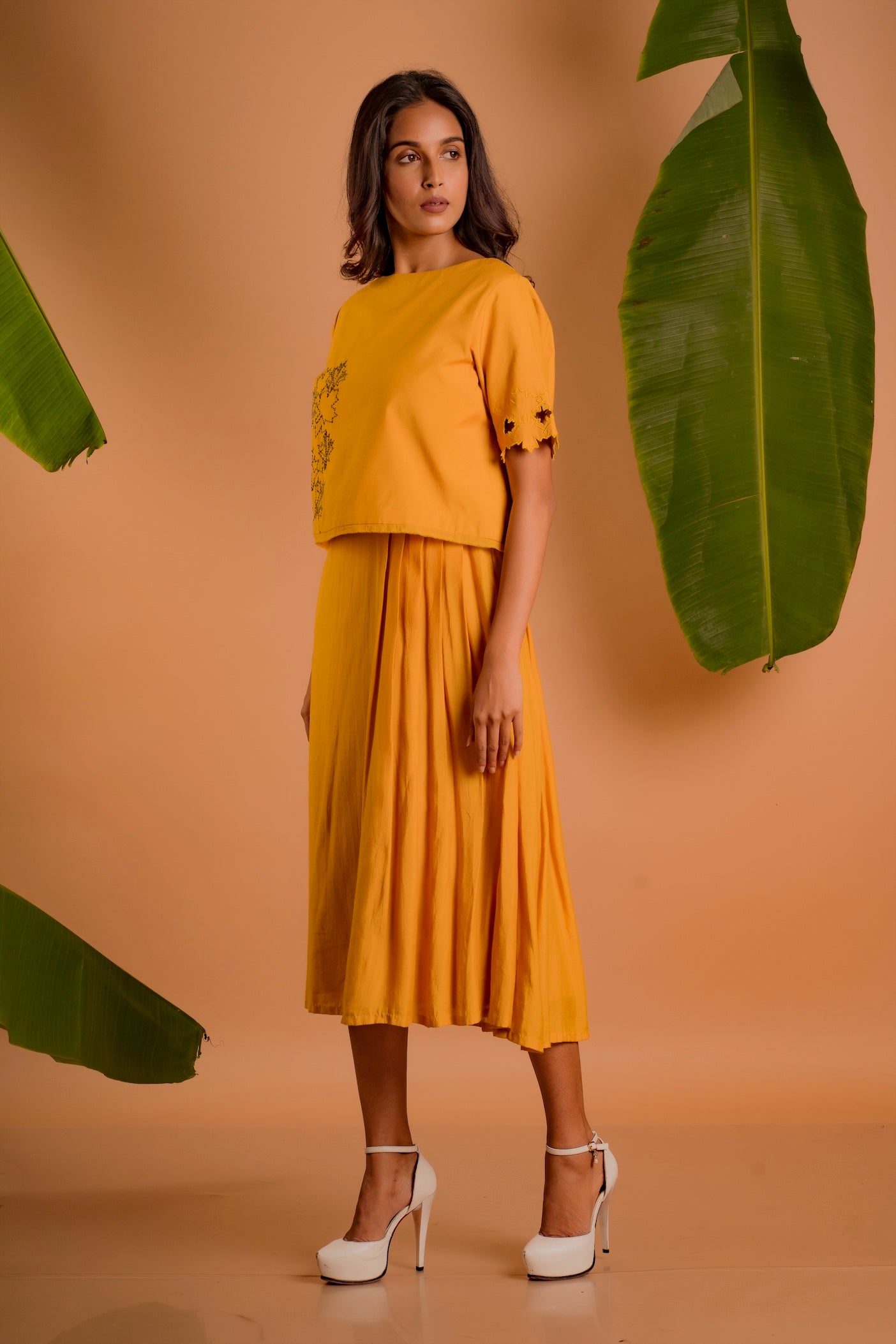 Mustard Midi Dress With Embellished Crop Top Overlay