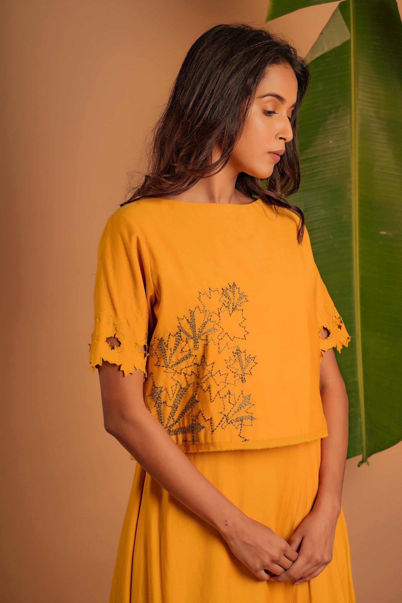 Mustard Midi Dress With Embellished Crop Top Overlay