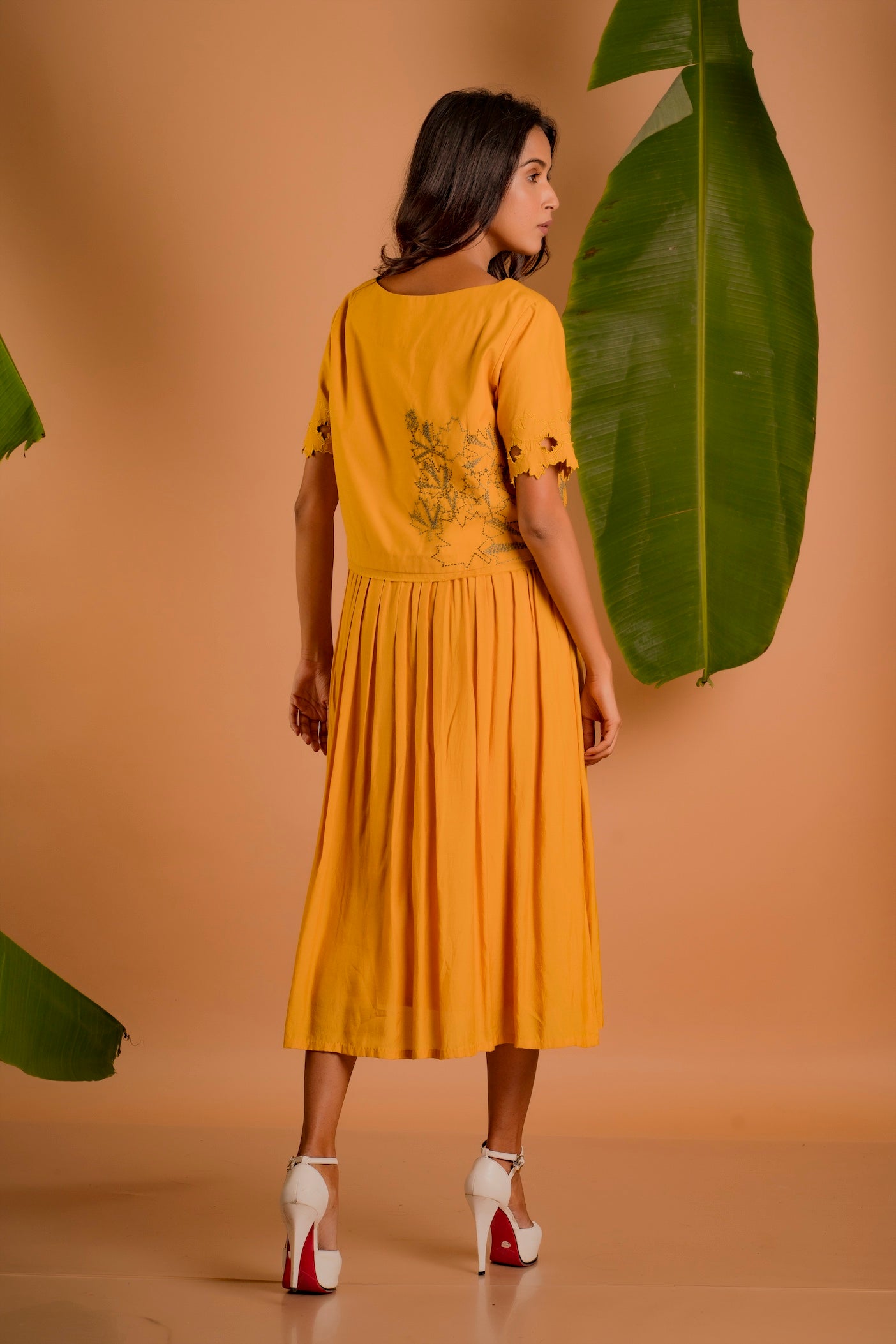 Mustard Midi Dress With Embellished Crop Top Overlay