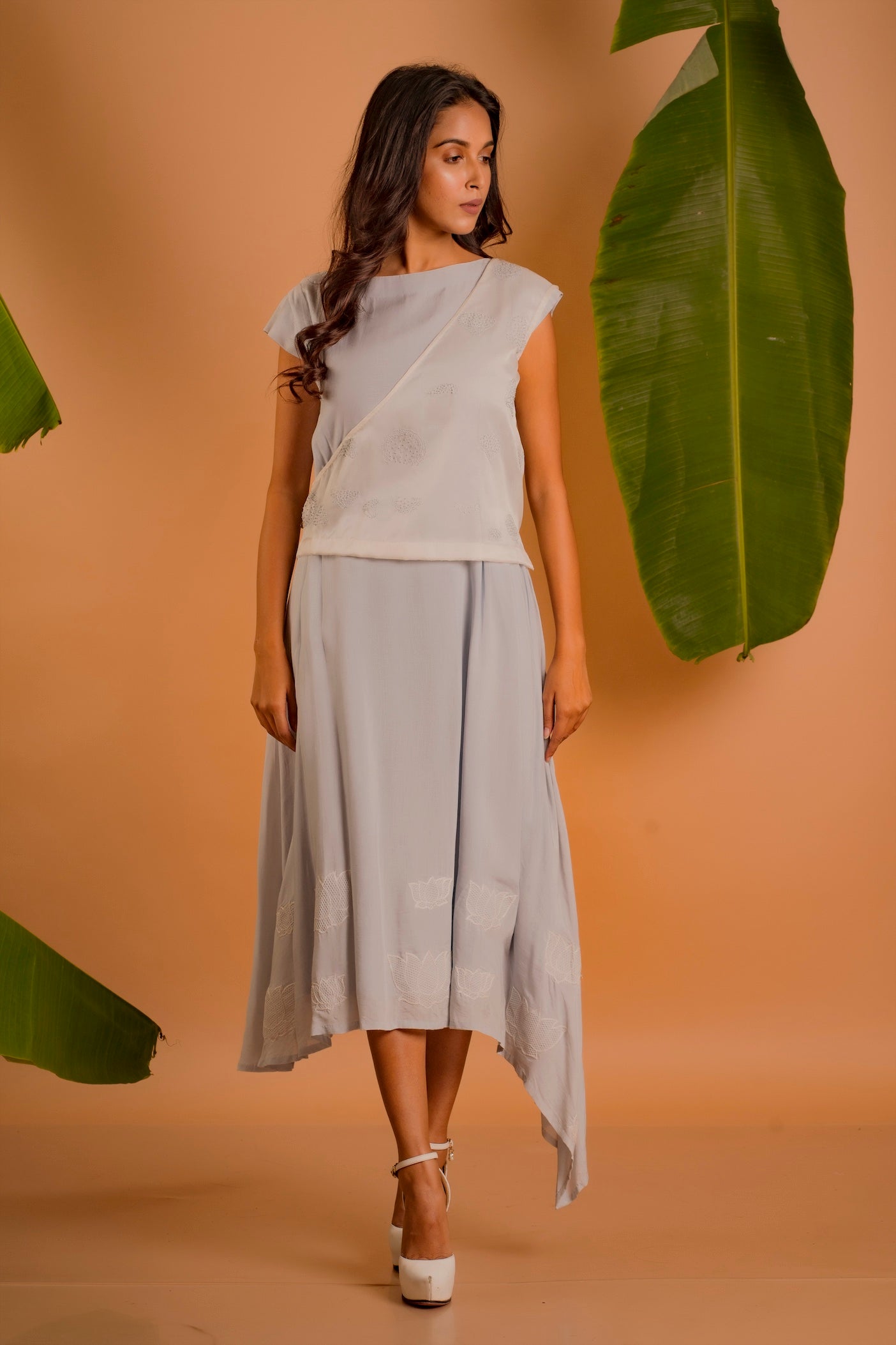 Asymmetric Lotus Embroidered Draped Dress