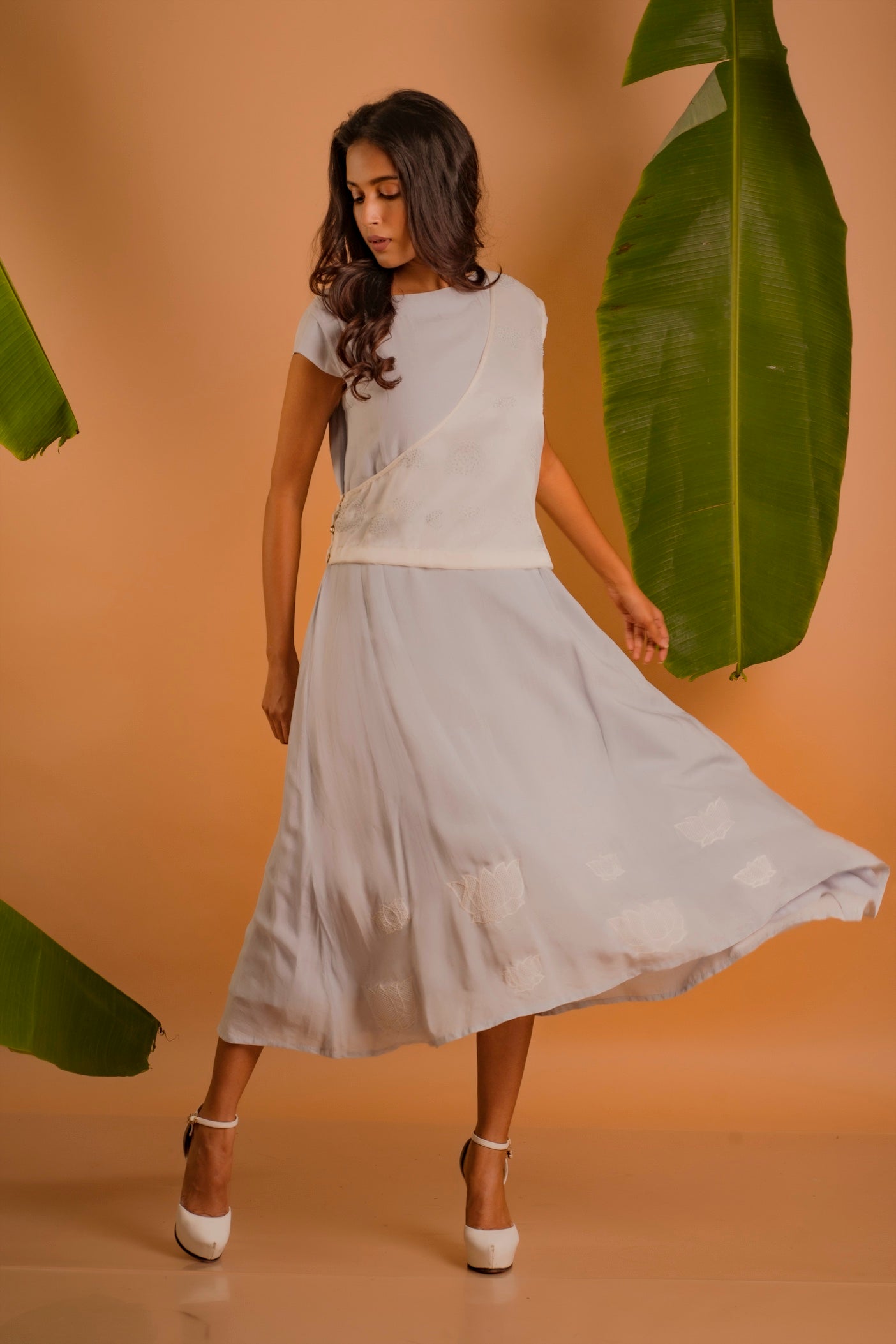 Asymmetric Lotus Embroidered Draped Dress