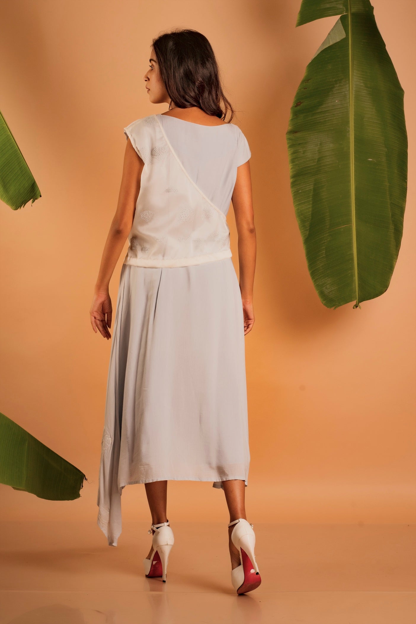 Asymmetric Lotus Embroidered Draped Dress