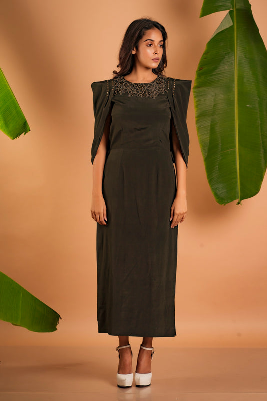 Olive Draped Cape Sleeve Embroidered Maxi