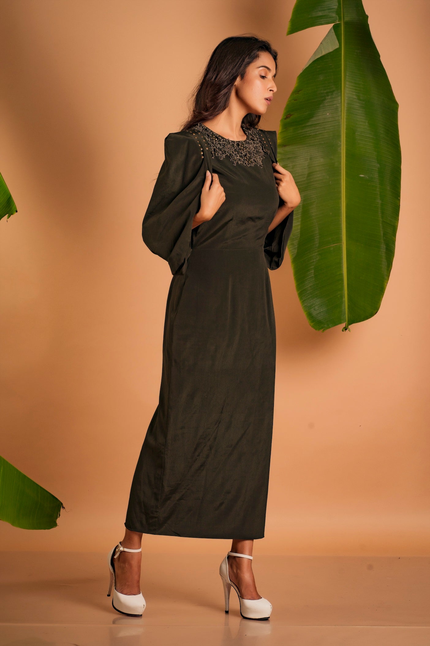 Olive Draped Cape Sleeve Embroidered Maxi