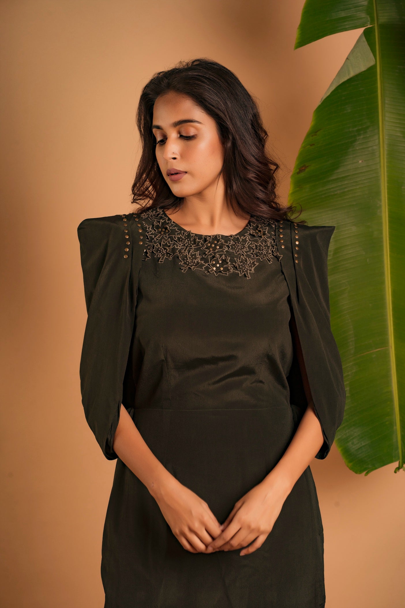 Olive Draped Cape Sleeve Embroidered Maxi