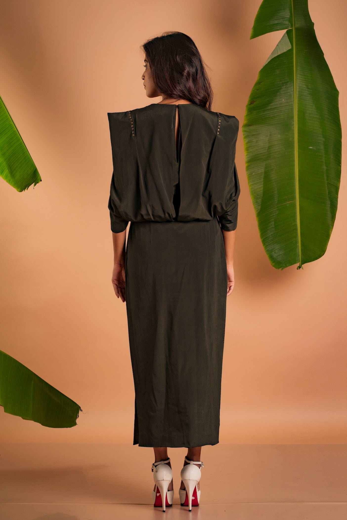 Olive Draped Cape Sleeve Embroidered Maxi