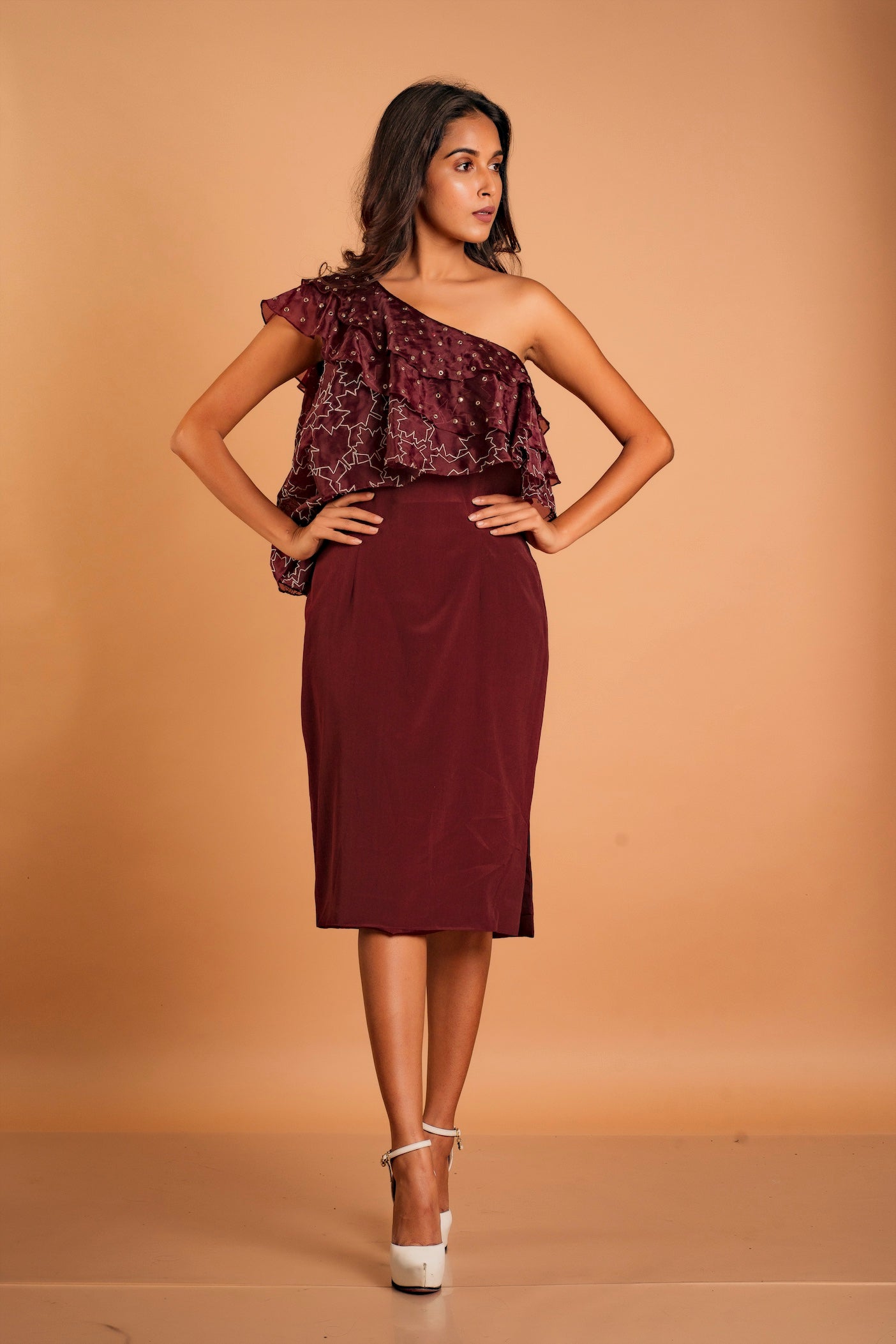 Merlot One Shoulder Ruffled Dress