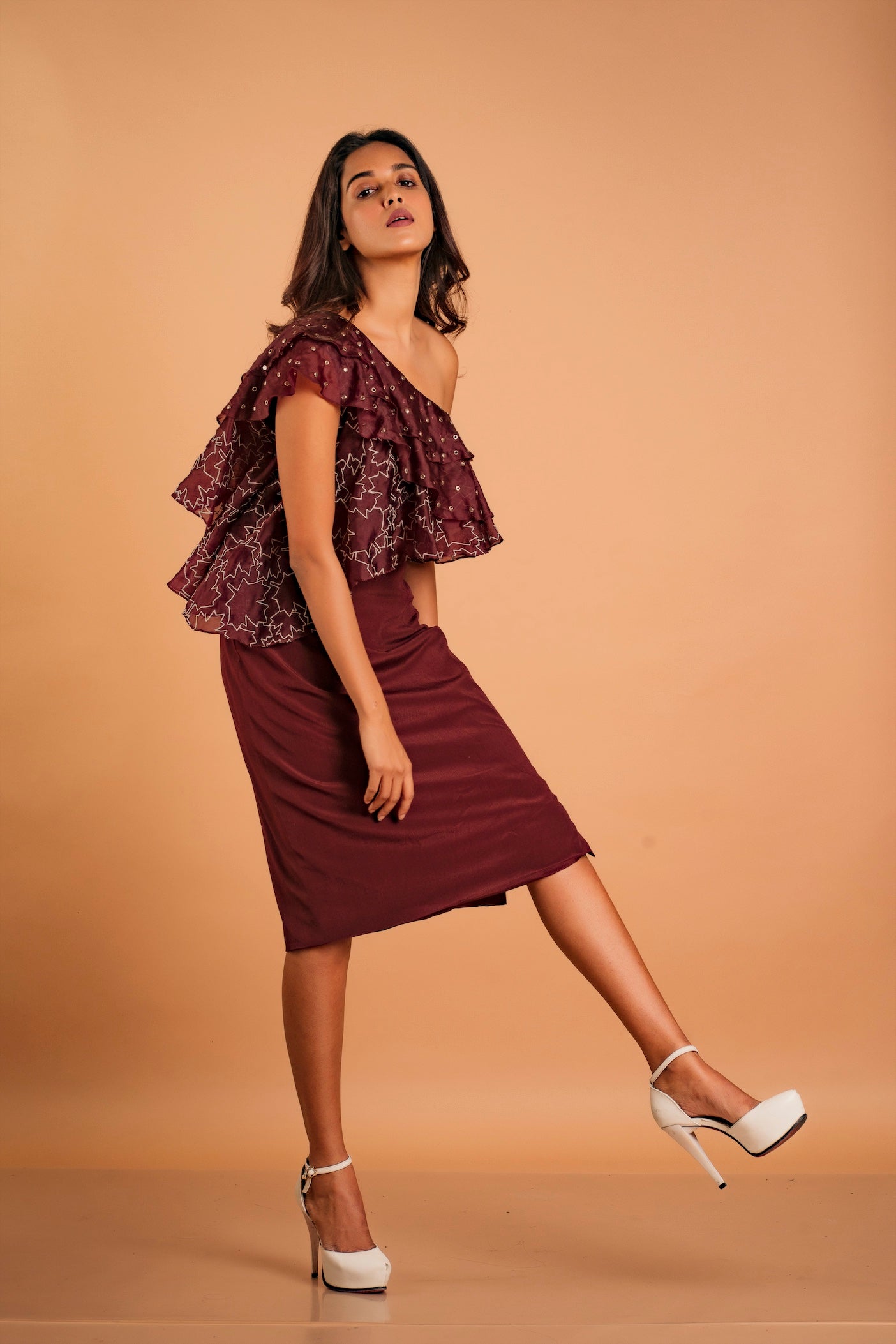 Merlot One Shoulder Ruffled Dress