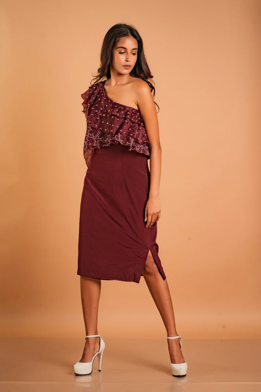 Merlot One Shoulder Ruffled Dress