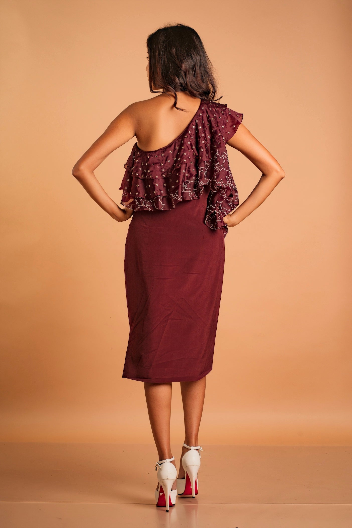 Merlot One Shoulder Ruffled Dress
