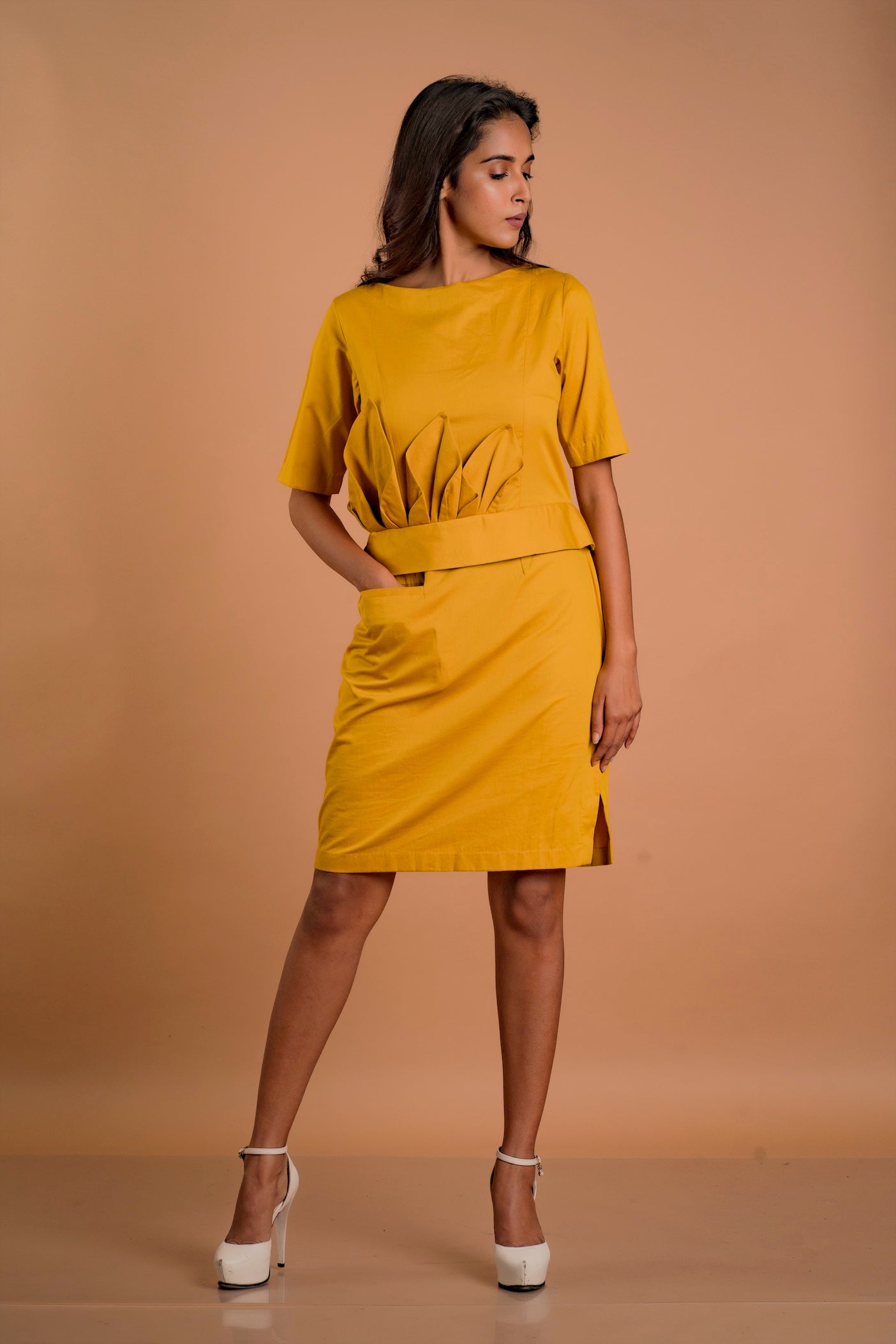 Mustard Sculpted Waist Dress