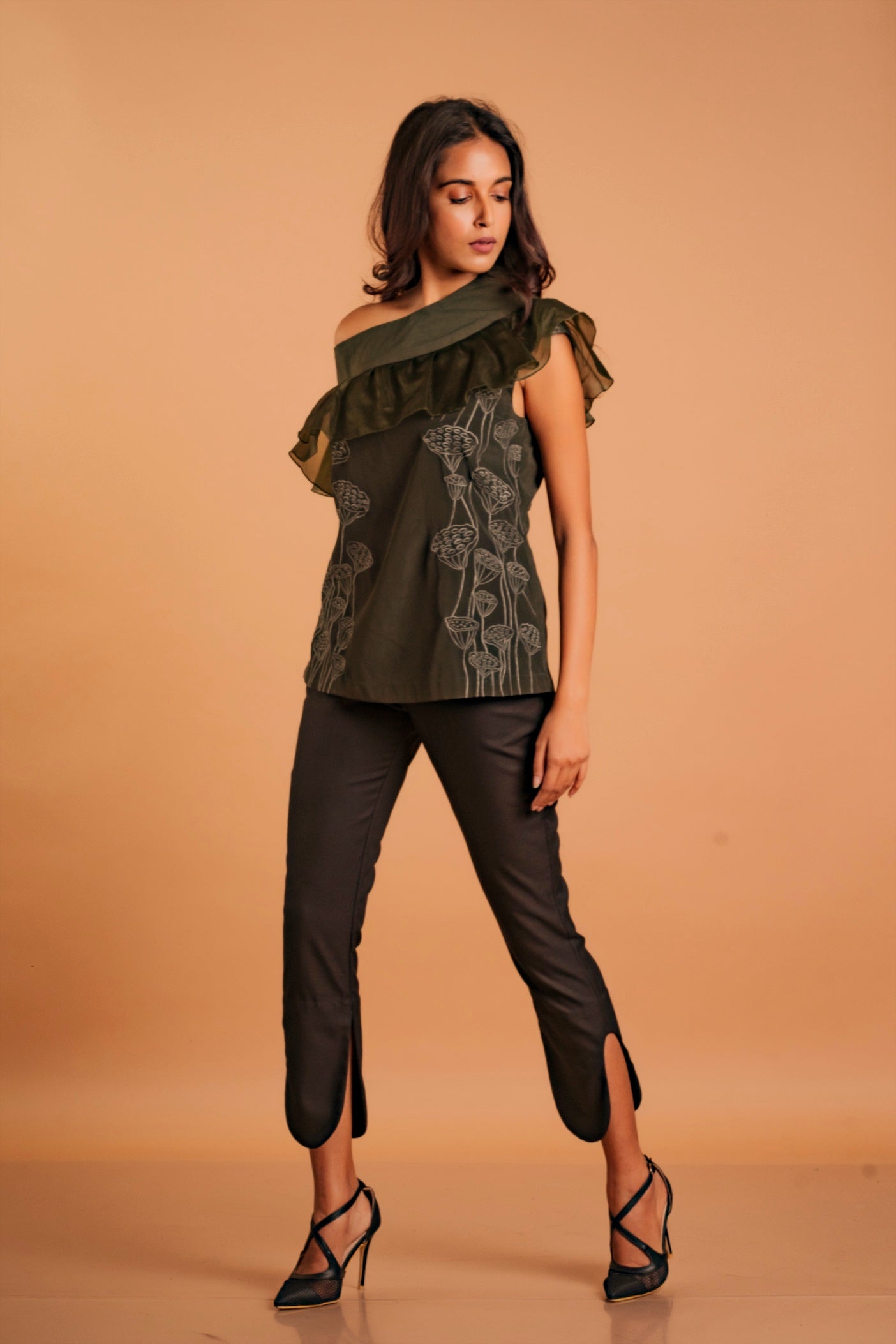 Ruffled Neckline One-Shoulder Embroidered Top
