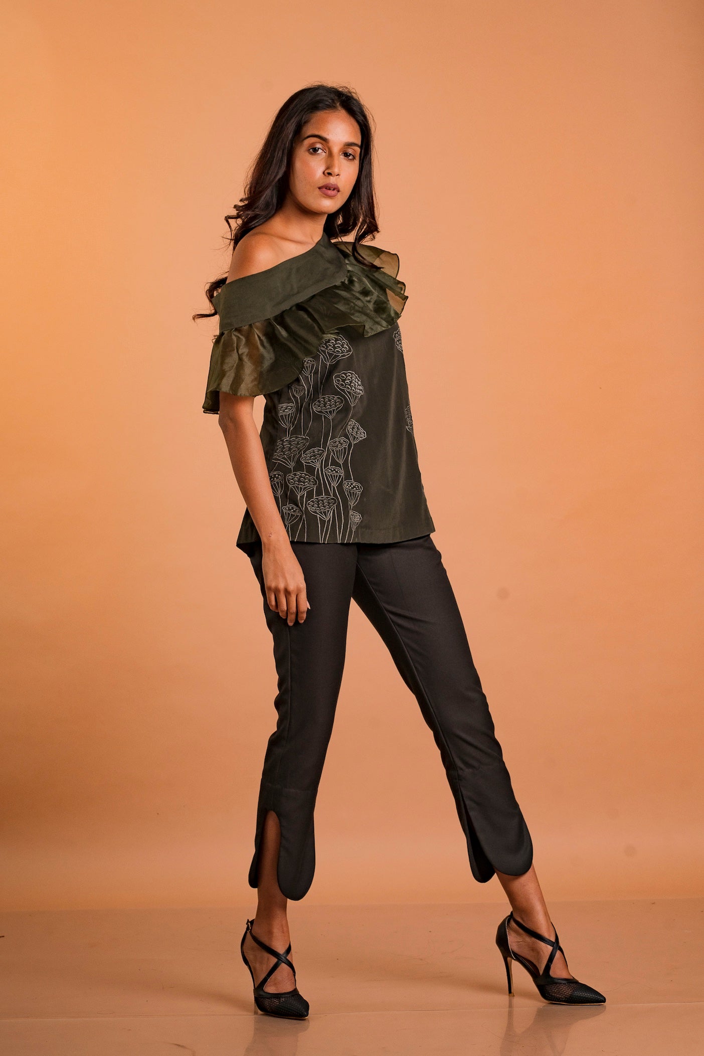 Ruffled Neckline One-Shoulder Embroidered Top