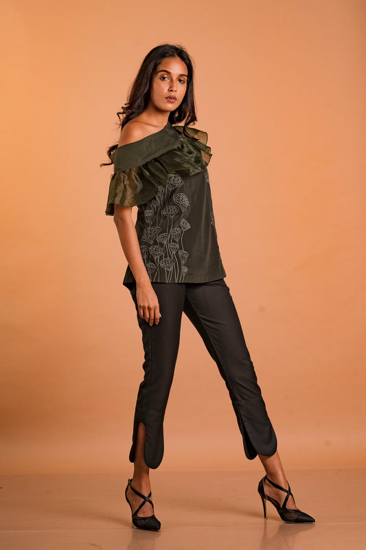 Ruffled Neckline One-Shoulder Embroidered Top