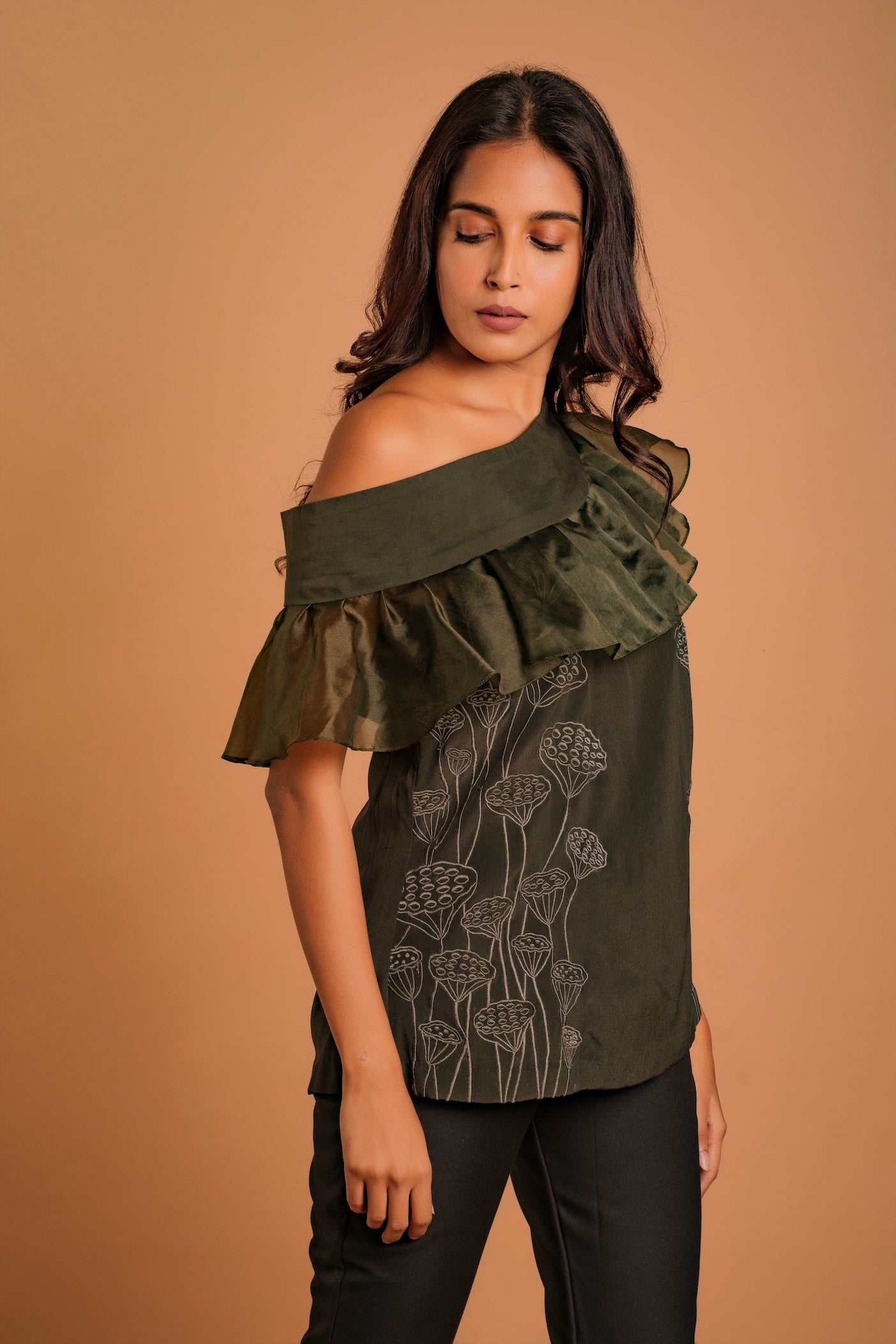 Ruffled Neckline One-Shoulder Embroidered Top