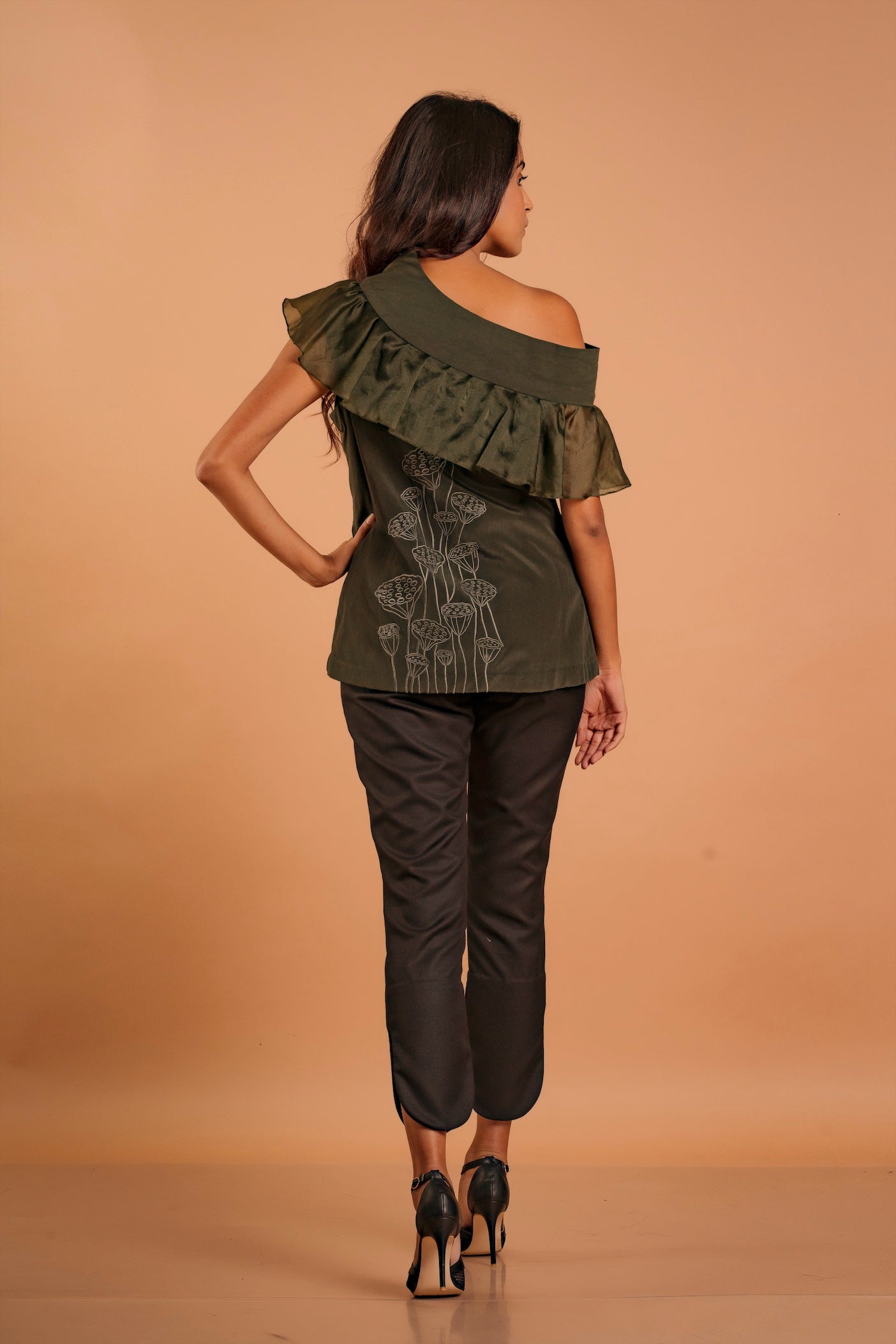 Ruffled Neckline One-Shoulder Embroidered Top