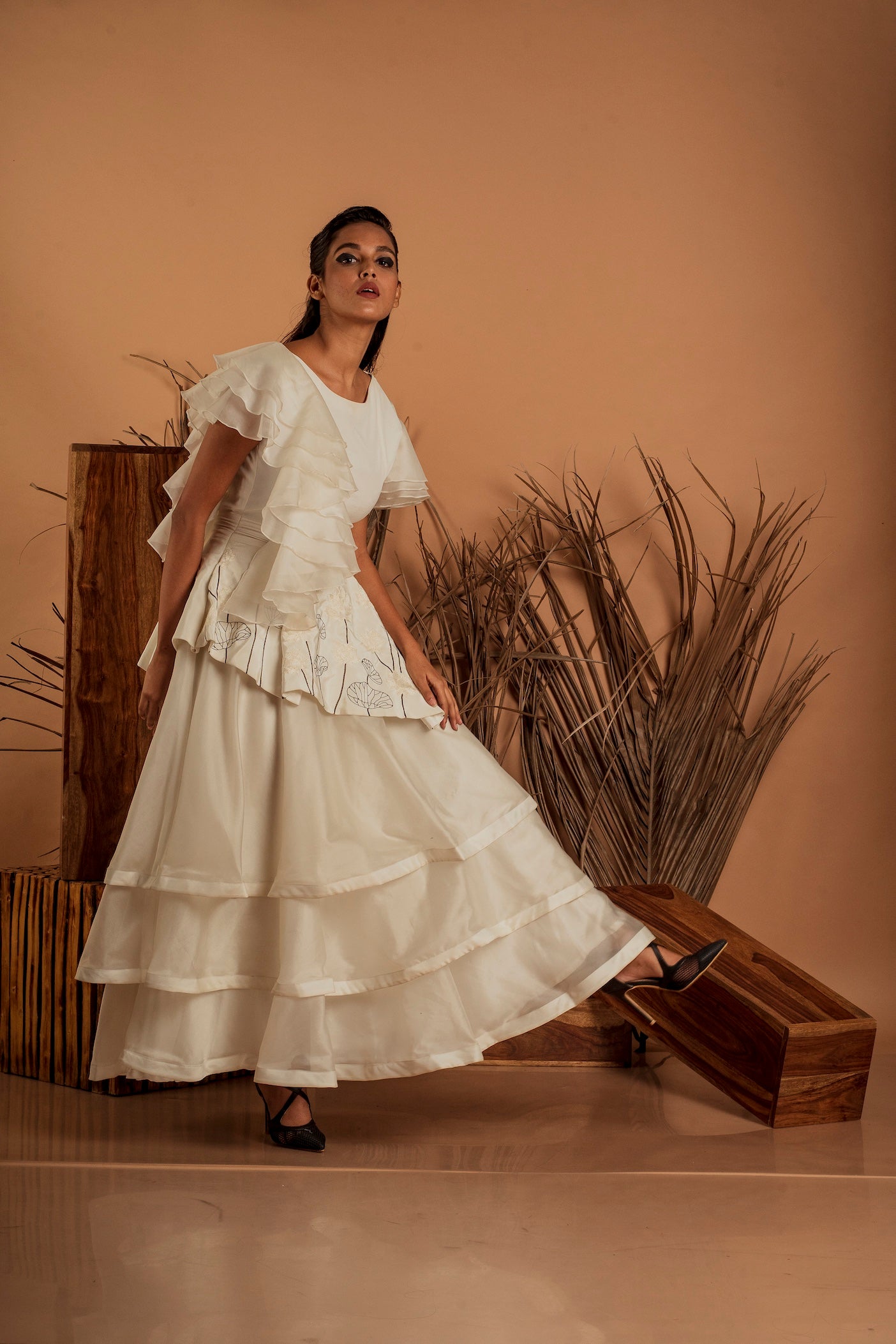 Ruffled Sleeves Asymmetric Layered Flared Gown