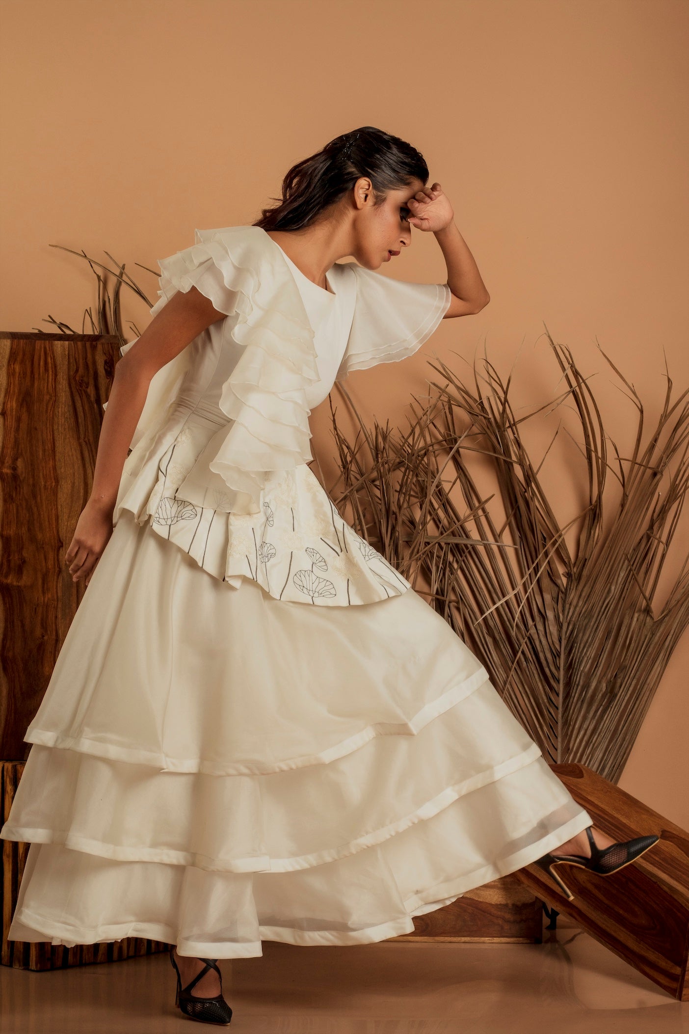 Ruffled Sleeves Asymmetric Layered Flared Gown