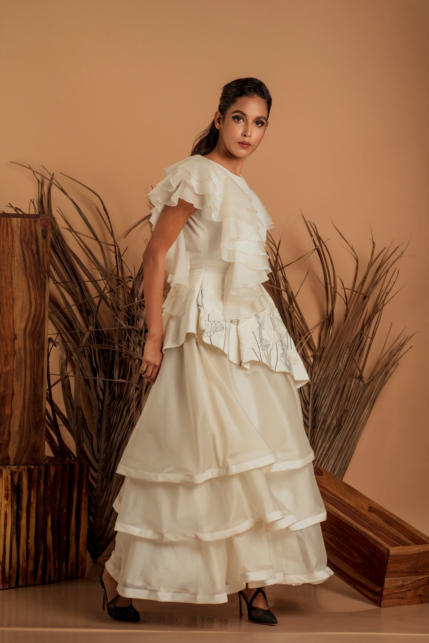 Ruffled Sleeves Asymmetric Layered Flared Gown